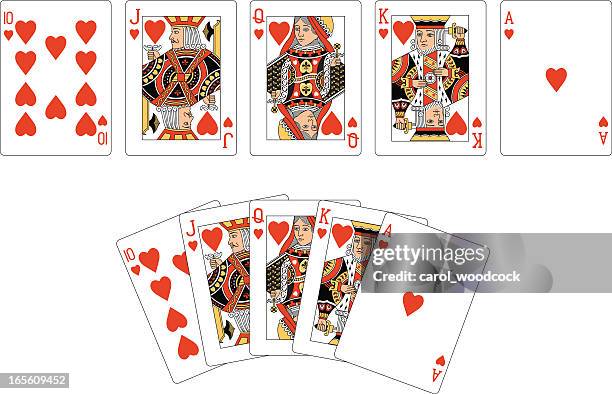 ilustraciones, imágenes clip art, dibujos animados e iconos de stock de corazón de la ciudad, a dos escalera real naipes - hearts playing card