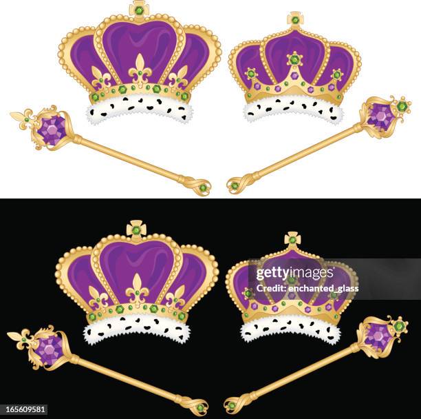 mardi gras king & queen crowns set - purple royalty stock illustrations