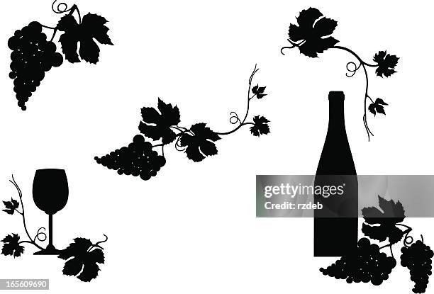 silhouette of a wine bottle, wine glass and grape leaves - grapes on vine stock illustrations