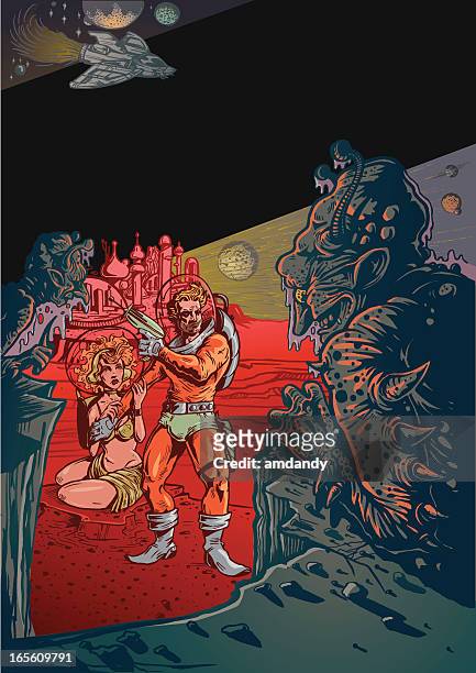 ilustrações, clipart, desenhos animados e ícones de cena vintage de ficção científica, com aliens e homem no espaço - cascalho