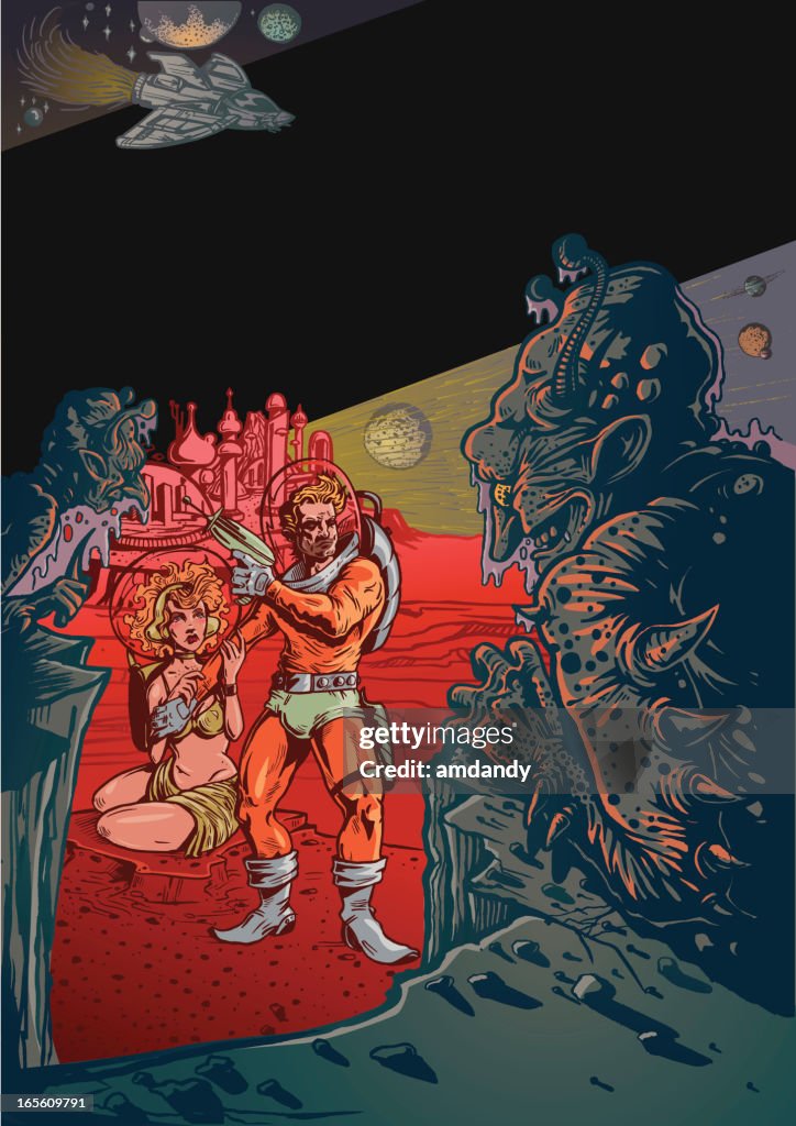 Vintage Science Fiction Scene with Aliens and Man in Space