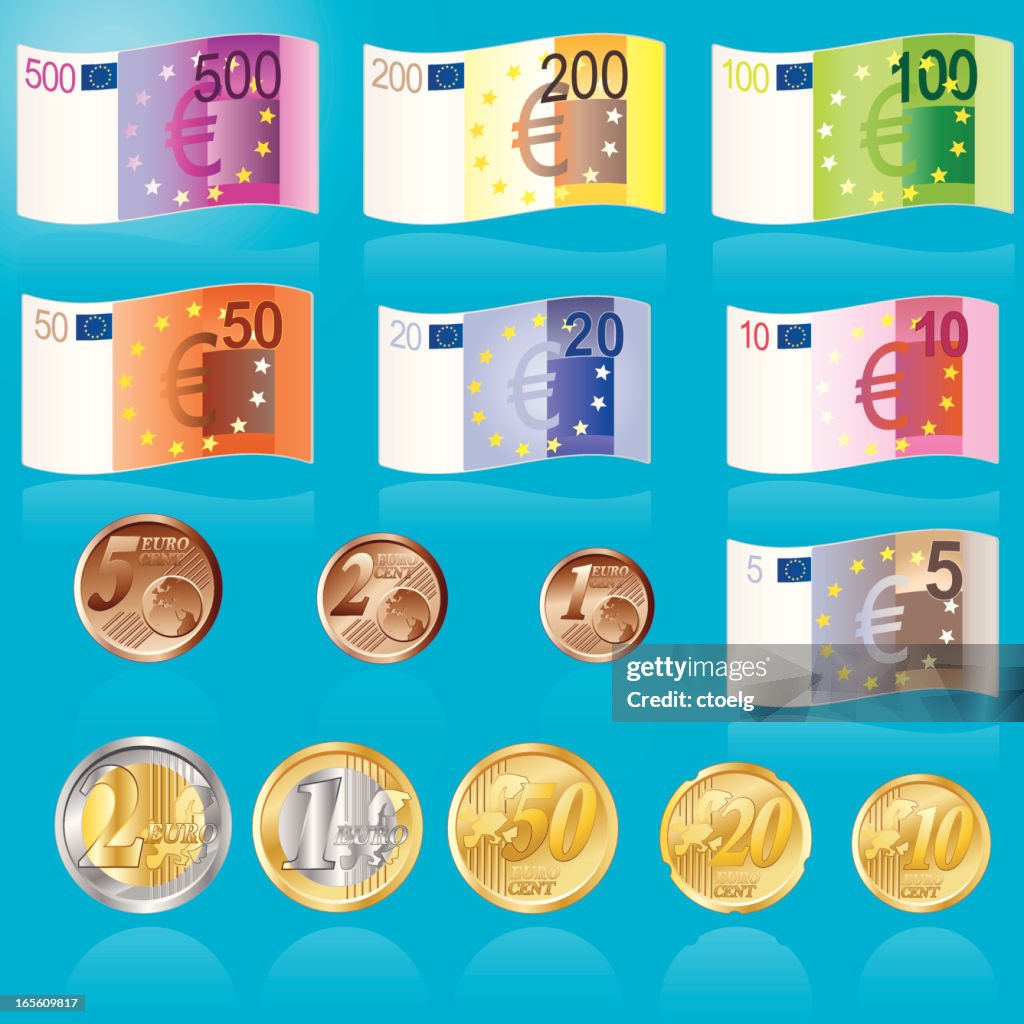 Euro Banknoten und Muenzen