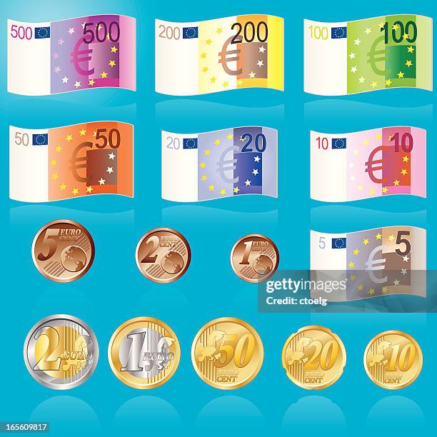ilustrações, clipart, desenhos animados e ícones de euro banknoten und muenzen - nota de cem euros