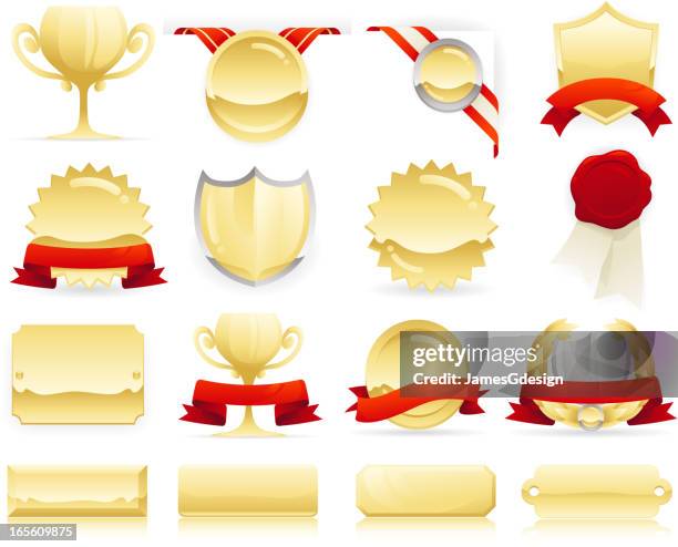 gold badges, seals and scrolls - trophy plaque stock illustrations