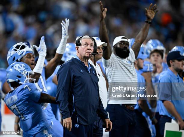 Head coach Mack Brown of the North Carolina Tar Heels looks on after a touchdown against the South Carolina Gamecocks during the second half of the...