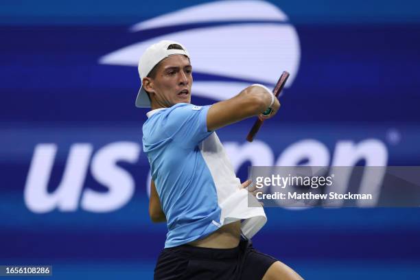Sebastian Baez of Argentina returns a shot against Daniil Medvedev of Russia during their Men's Singles Third Round match on Day Six of the 2023 US...