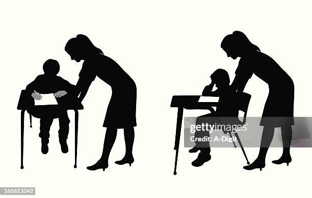 teacher helping vector silhouette - classroom small group stock illustrations
