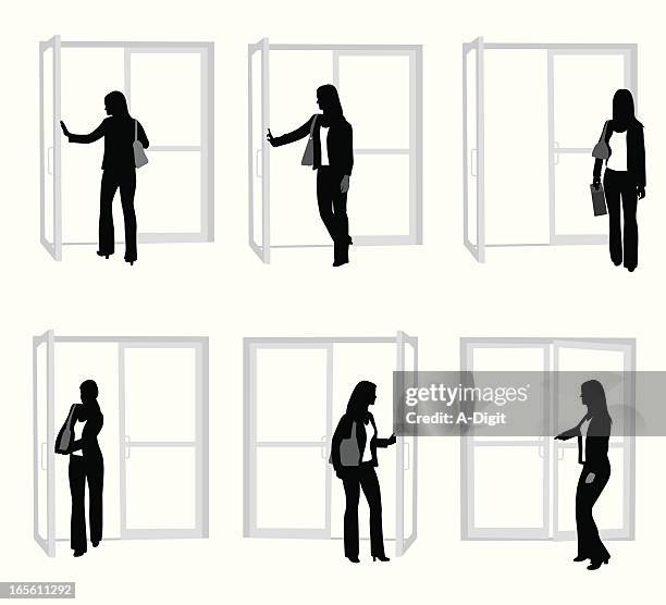 opening doors vector silhouette - young women stock illustrations