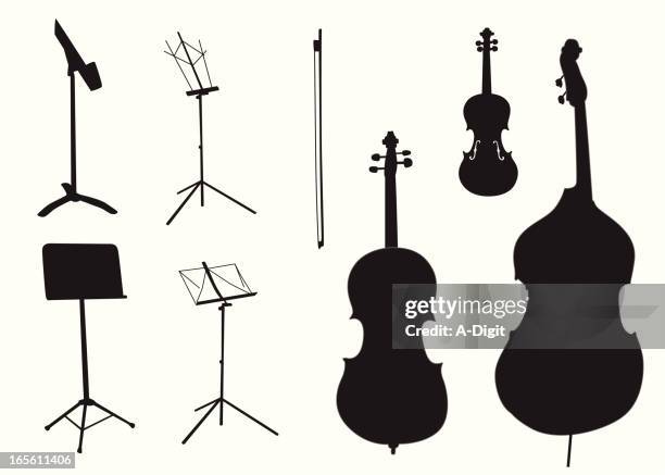 illustrazioni stock, clip art, cartoni animati e icone di tendenza di stringinstruments, musica si - leggio-per-spartiti-musicali
