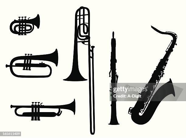 bildbanksillustrationer, clip art samt tecknat material och ikoner med wind instruments vector silhouette - sax