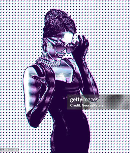 retro style beautiful woman with glitch technique - raise eyebrows stock illustrations