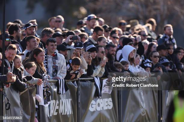 Fans look onduring a Collingwood Magpies training and media session at AIA Vitality Centre on September 03, 2023 in Melbourne, Australia.
