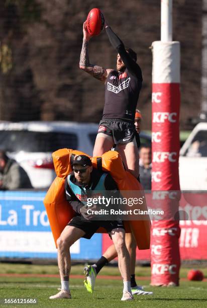 Jeremy Howe of the Magpies leaps for the ball during a Collingwood Magpies training and media session at AIA Vitality Centre on September 03, 2023 in...