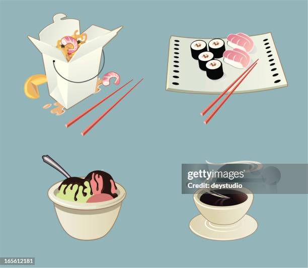 asian food icons - green tea ice cream stock illustrations