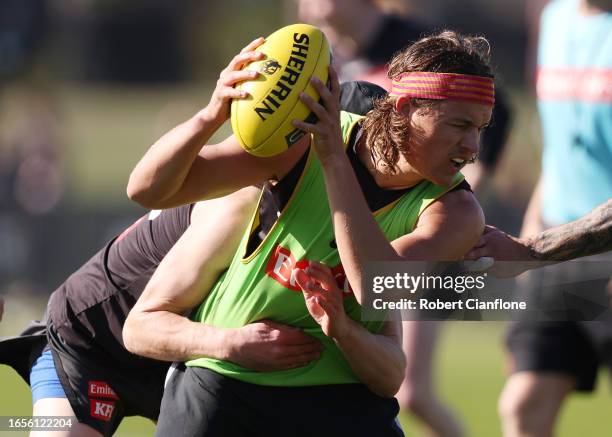 Jack Ginnivan of the Magpies controls the ball during a Collingwood Magpies training and media session at AIA Vitality Centre on September 03, 2023...