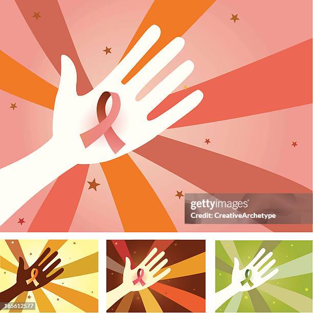 stockillustraties, clipart, cartoons en iconen met unity hands - ribbon for cause - aids awareness ribbon