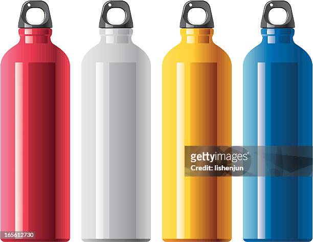 four tall aluminum water bottles in different colors - lid stock illustrations