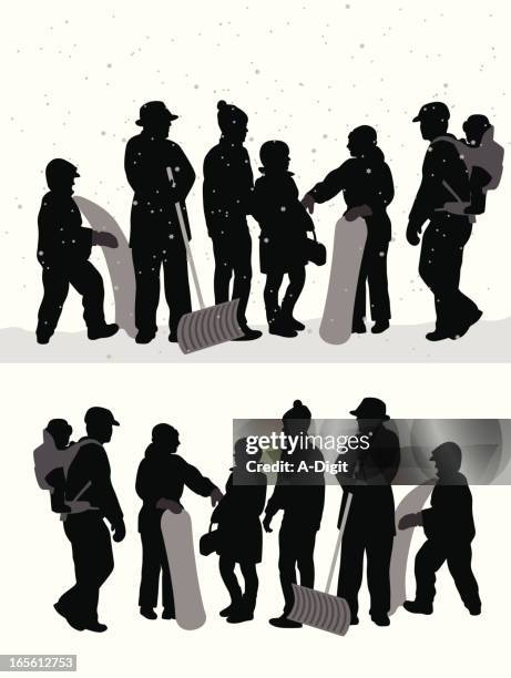 winter crowd vector silhouette - snow shovel stock illustrations