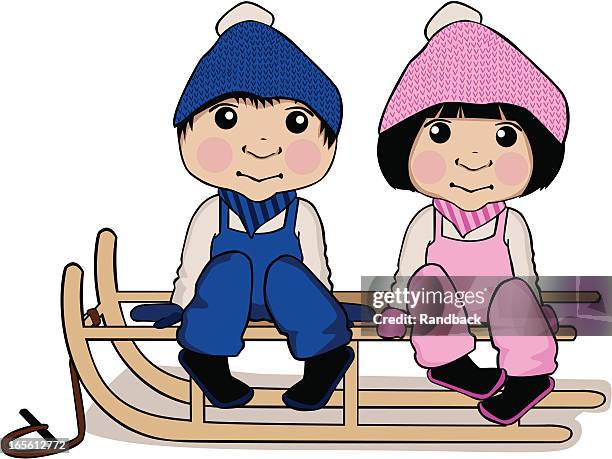 winter siblings - knitting scarf stock illustrations