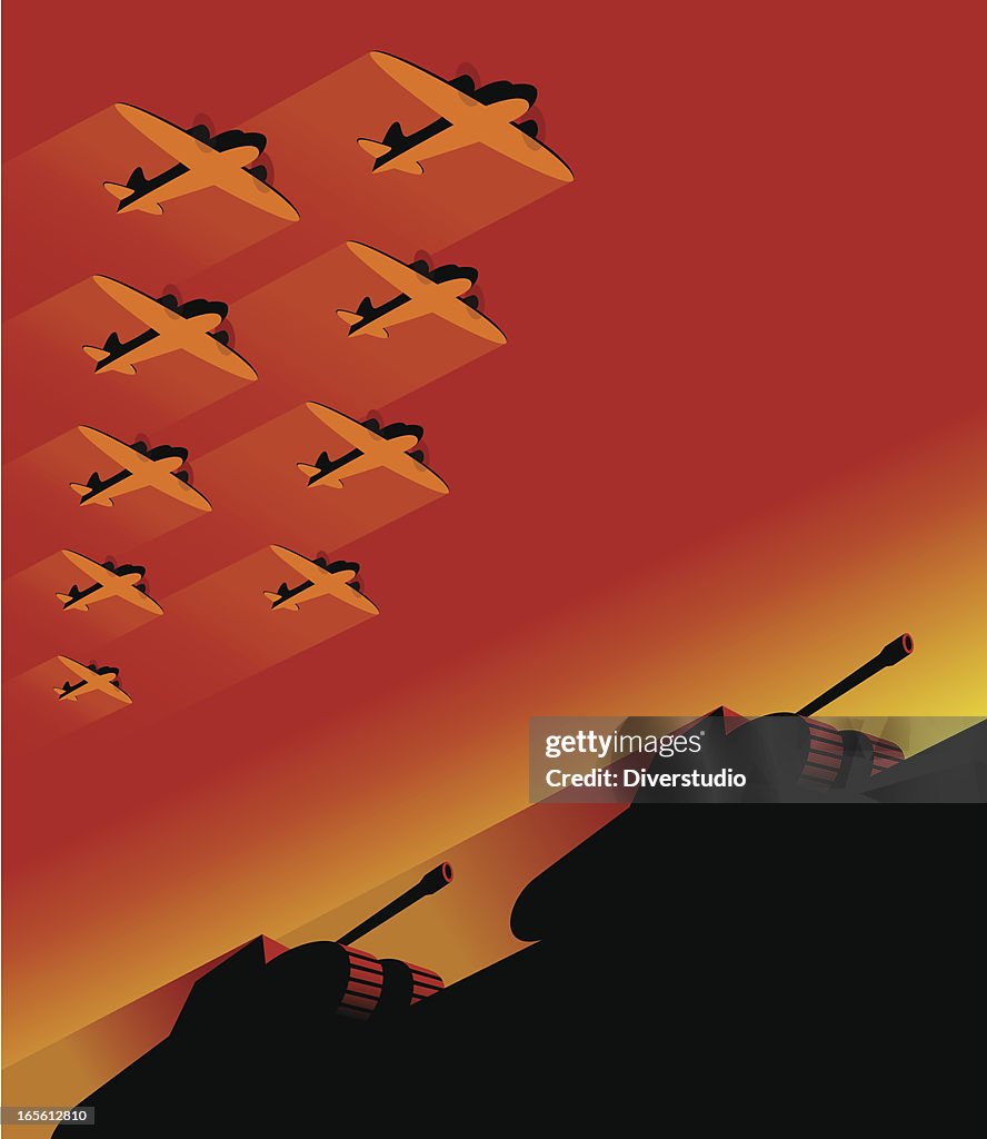 9 planes in the sky on mechanized army