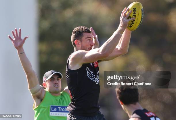 Daniel McStay of the Magpies marks during a Collingwood Magpies training and media session at AIA Vitality Centre on September 03, 2023 in Melbourne,...