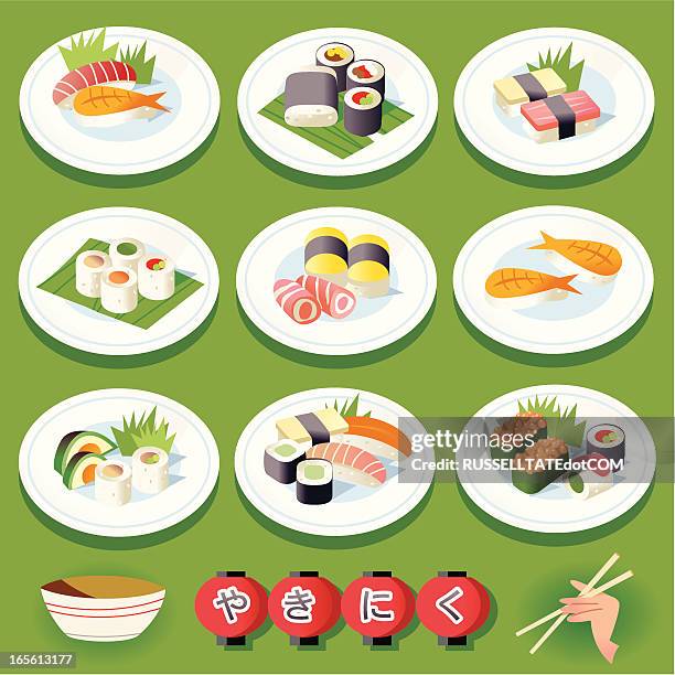 sushi and plates - hosomaki stock illustrations