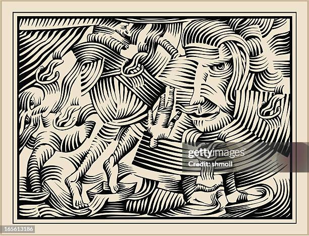 gravure with demons. pandemonium. - renaissance wallpaper stock illustrations