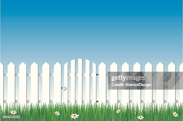 white fence with grass - picket fence stock illustrations