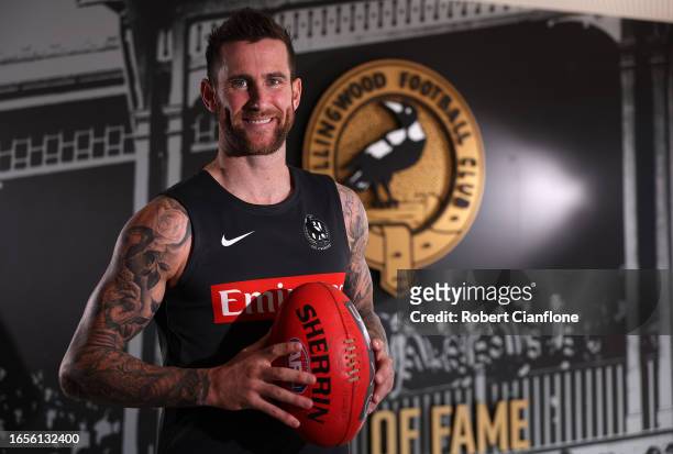 Jeremy Howe of the Magpies poses during a Collingwood Magpies training and media session at AIA Vitality Centre on September 03, 2023 in Melbourne,...