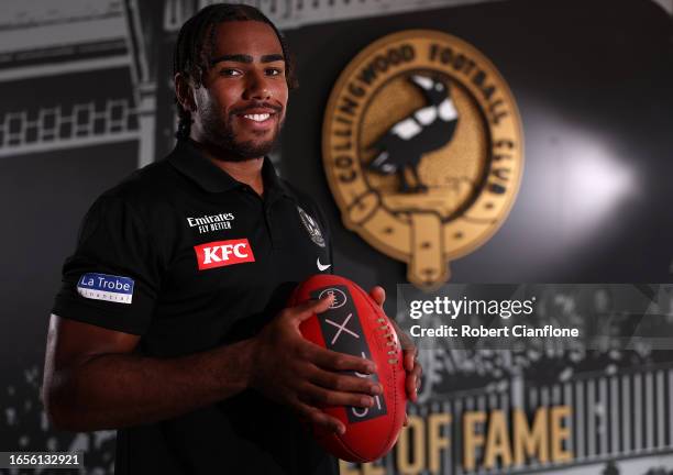 Isaac Quaynor of the Magpies poses during a Collingwood Magpies training and media session at AIA Vitality Centre on September 03, 2023 in Melbourne,...