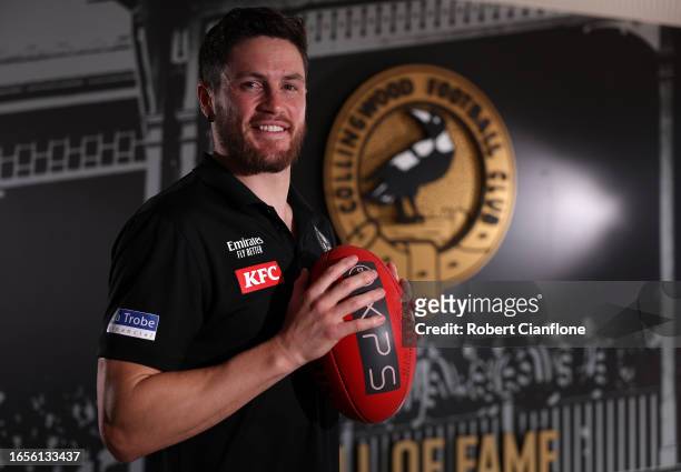 Jack Crisp of the Magpies poses during a Collingwood Magpies training and media session at AIA Vitality Centre on September 03, 2023 in Melbourne,...