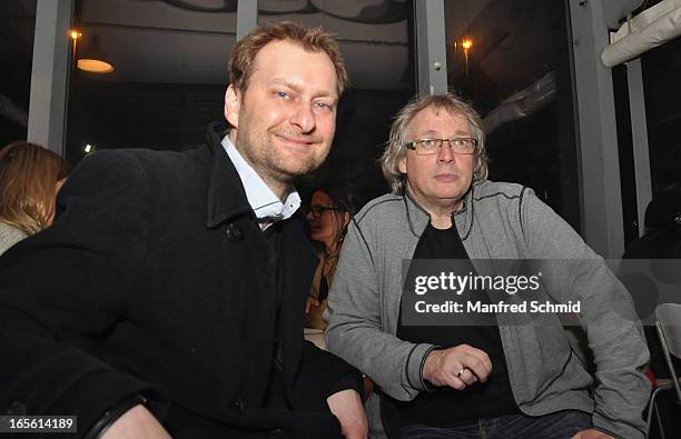 Actor Alexander Jagsch and producer Danny Krausz attend the 'Deine Schoenheit Ist Nichts Wert' premiere after party at Badeschiff on April 4, 2013 in...