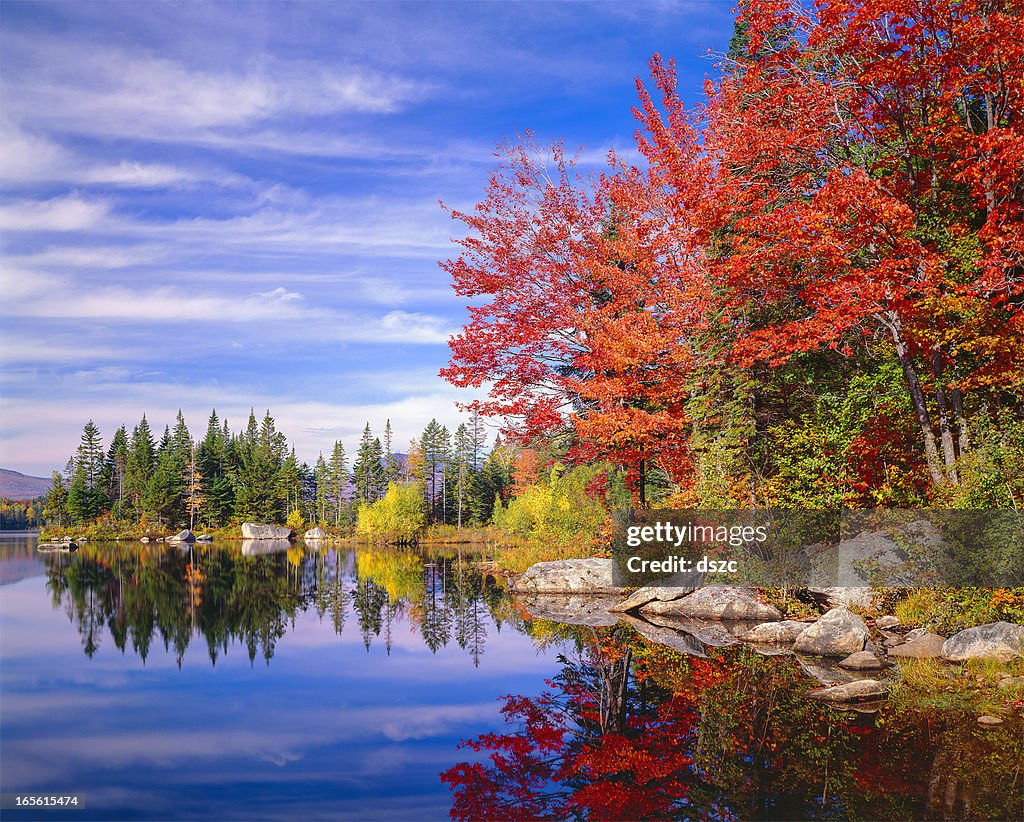 Peaceful colorful autumn fall foliage Jericho lake, New England