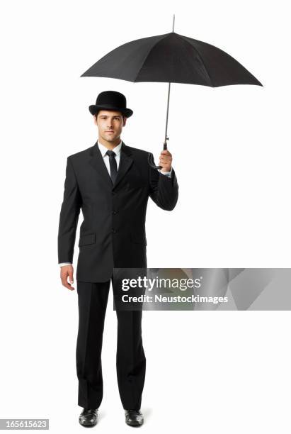 gentleman holding an umbrella - isolated - man with umbrella stockfoto's en -beelden