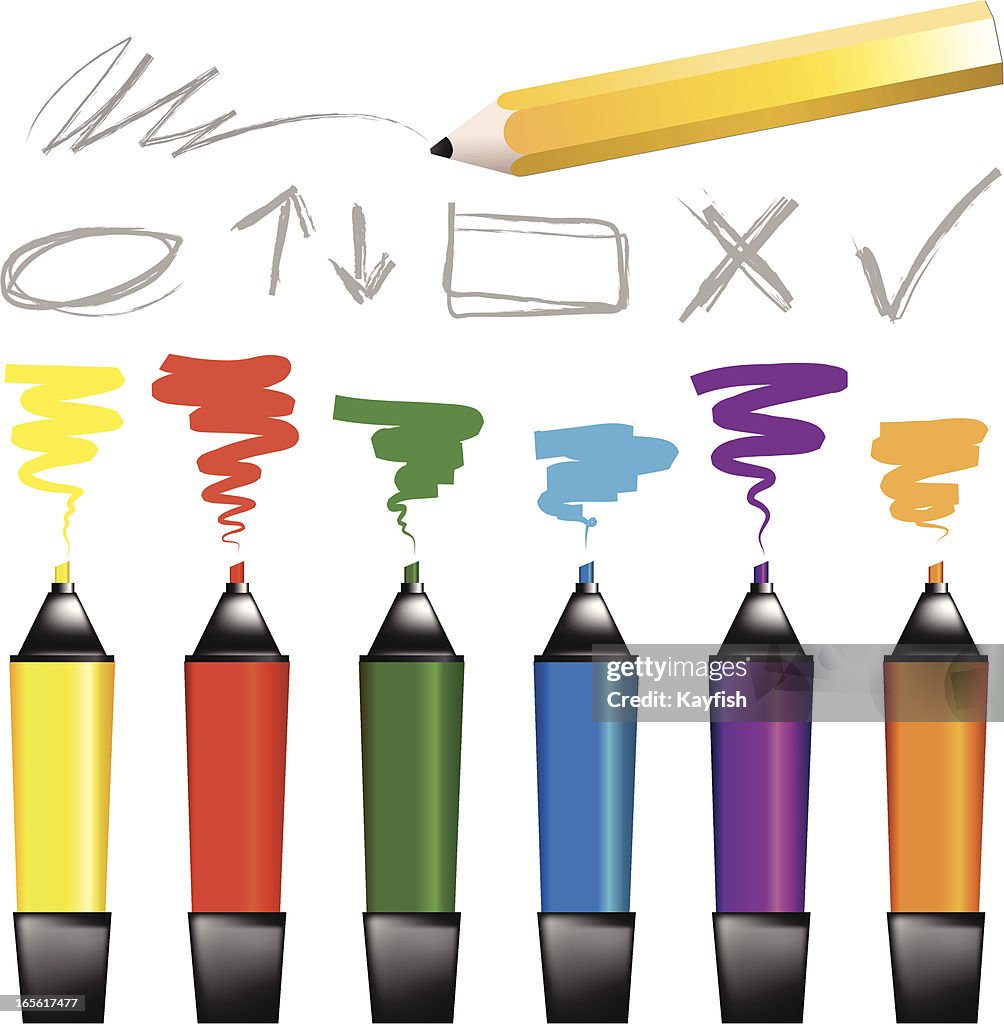 A Drawing Of A Pencil And Six Colored Markers High-Res Vector Graphic -  Getty Images