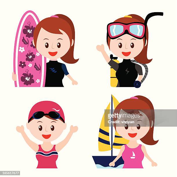 i love water sport icon set - pretty brunette woman cartoon stock illustrations