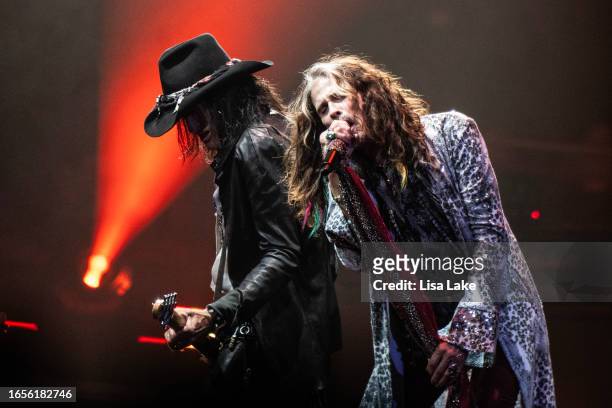 Joe Perry and Steven Tyler of Aerosmith perform live on stage at the Wells Fargo Center on September 02, 2023 in Philadelphia, Pennsylvania.