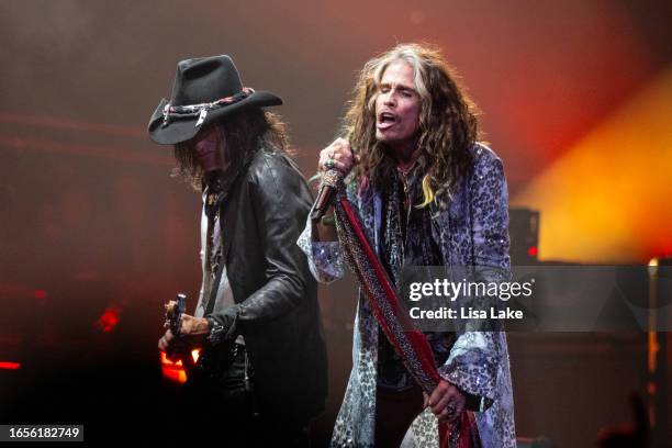 Joe Perry and Steven Tyler of Aerosmith perform live on stage at the Wells Fargo Center on September 02, 2023 in Philadelphia, Pennsylvania.