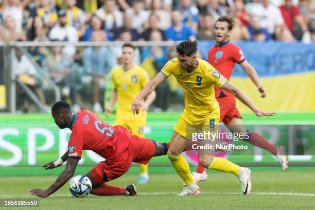 Marc Guehi , Roman Yaremchuk during Ukraine vs England European EURO 2024 Qualifiers match, in Wroclaw, Poland on September 9, 2023.