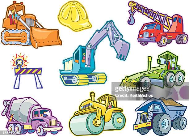 ilustraciones, imágenes clip art, dibujos animados e iconos de stock de construcción de vehículos y equipos - dump truck cartoon