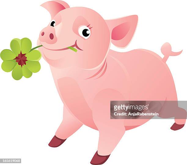 viel glück schwein mit vier blatt klee - luck stock-grafiken, -clipart, -cartoons und -symbole