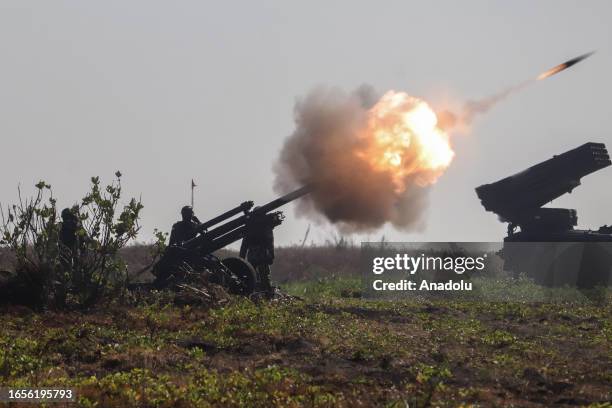Soldiers fire an artillery during the Super Garuda Shield 2023 joint military exercise in Situbondo, East Java, on September 10, 2023. The military...