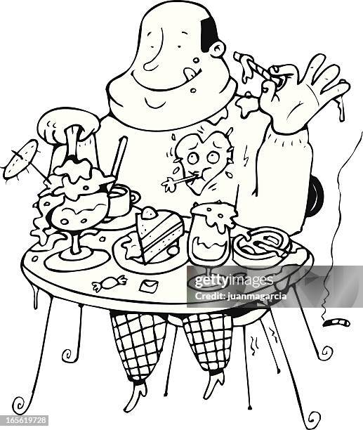 smoking obese man eating ice cream and candy. - obesidad stock illustrations
