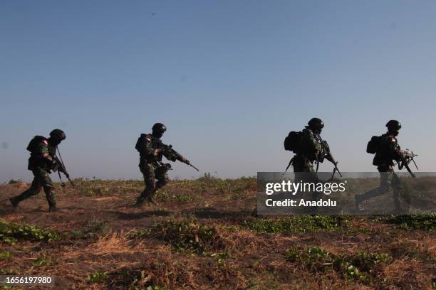 Soldiers take part in the Super Garuda Shield 2023 joint military exercise in Situbondo, East Java, on September 10, 2023. The military exercise was...