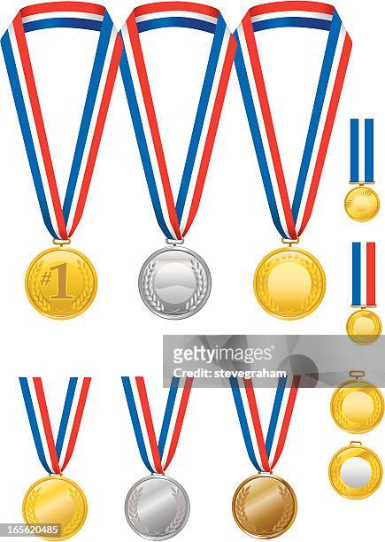 gold, silver and bronze medals with ribbons - medal stock illustrations