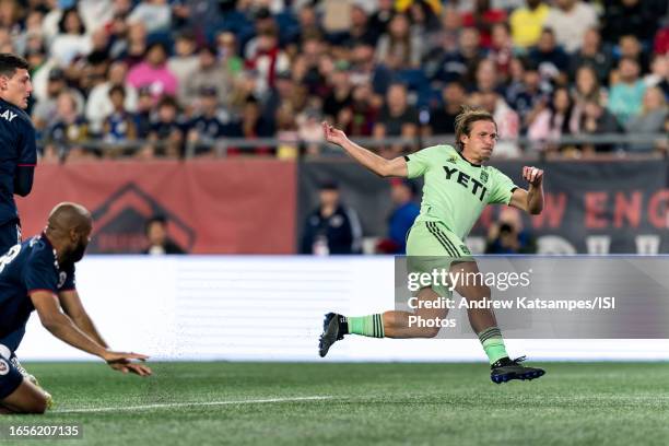 Alexander Ring of Austin FC takes a shot during a game between Austin FC and New England Revolution at Gillette Stadium on September 2, 2023 in...