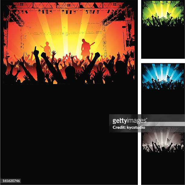 jubeln menge an rock-konzert - band on stage stock-grafiken, -clipart, -cartoons und -symbole