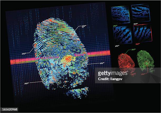 a fingerprint scanner checking a print against a database - forensic science stock illustrations