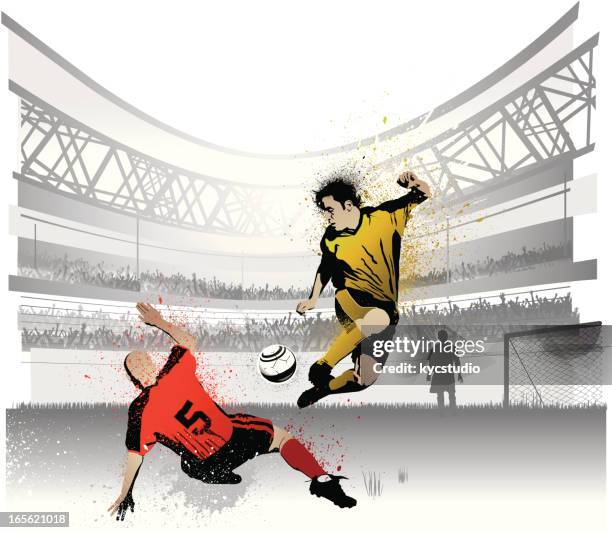 stockillustraties, clipart, cartoons en iconen met two competing soccer players in stadium - voetbalkleren