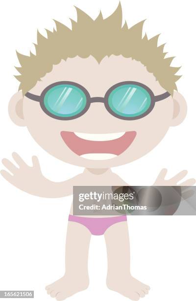 boy wearing bathers and swimming goggles - swim suit stock illustrations
